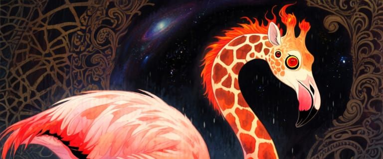 Whimsical Fire-Flamingo-Giraffe Hybrid in Baroque Style