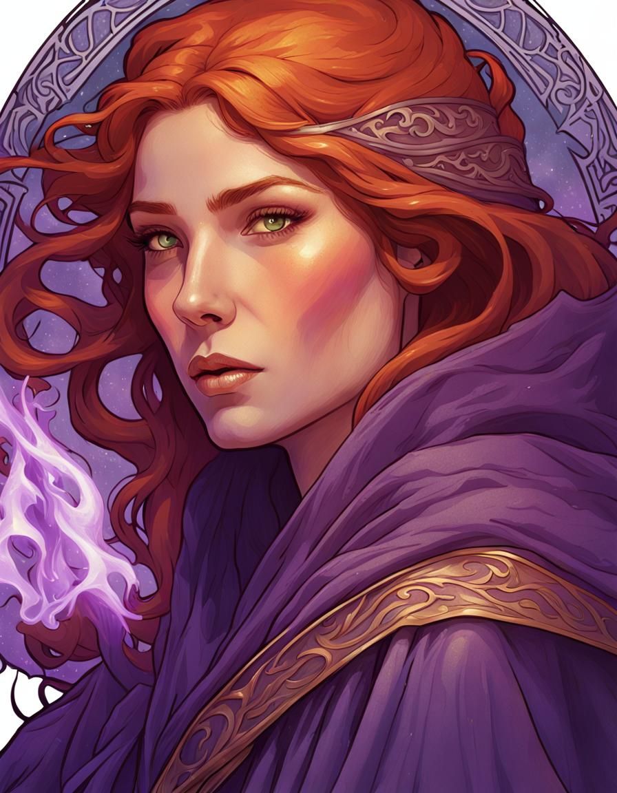 Auburn Sorceress Casting Flame Spell in Art Nouveau Style