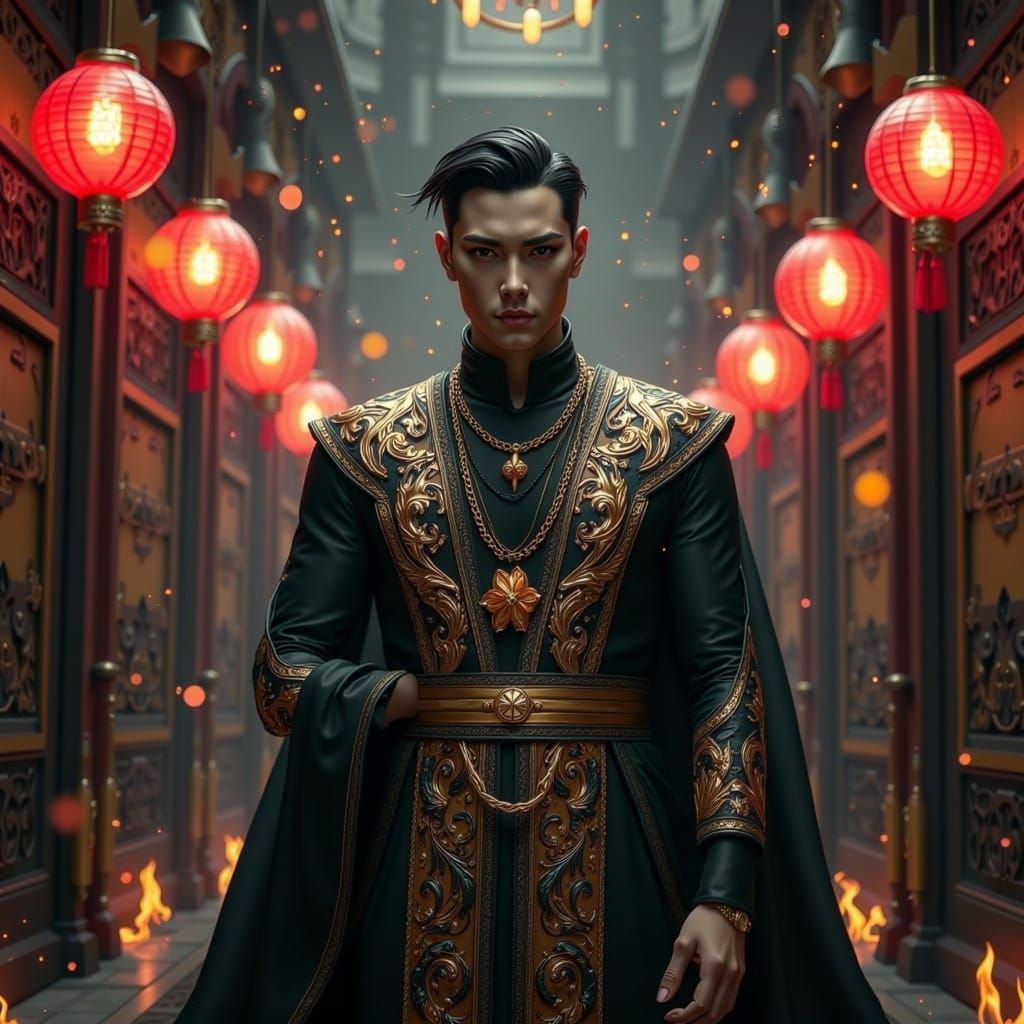 Ethereal Triad Leader in Neon-Lit Opium Den