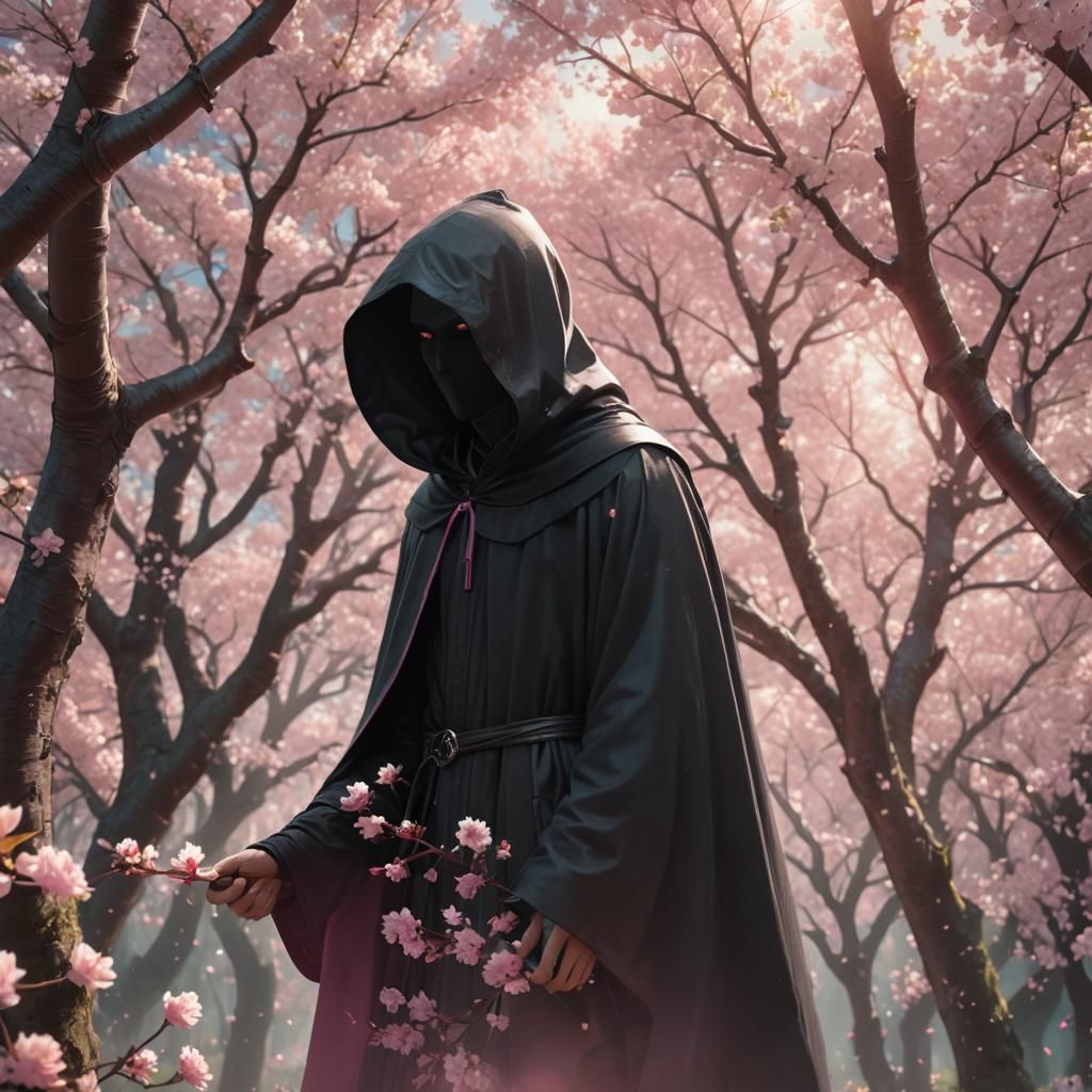 Cloaked Figure in Cherry Blossom Forest: Anime Style