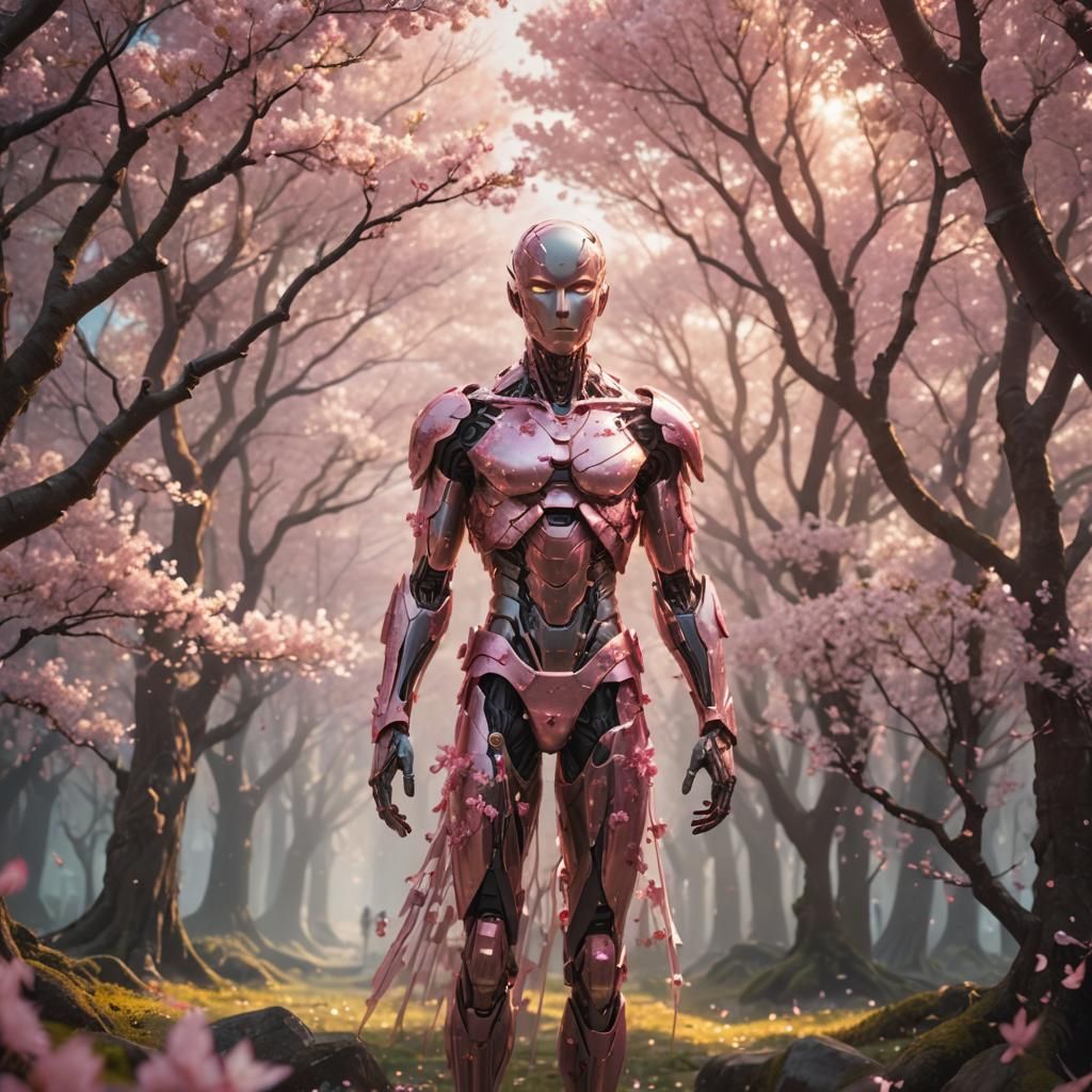 Mysterious Figure in Cherry Blossom Forest, Anime-Inspired
