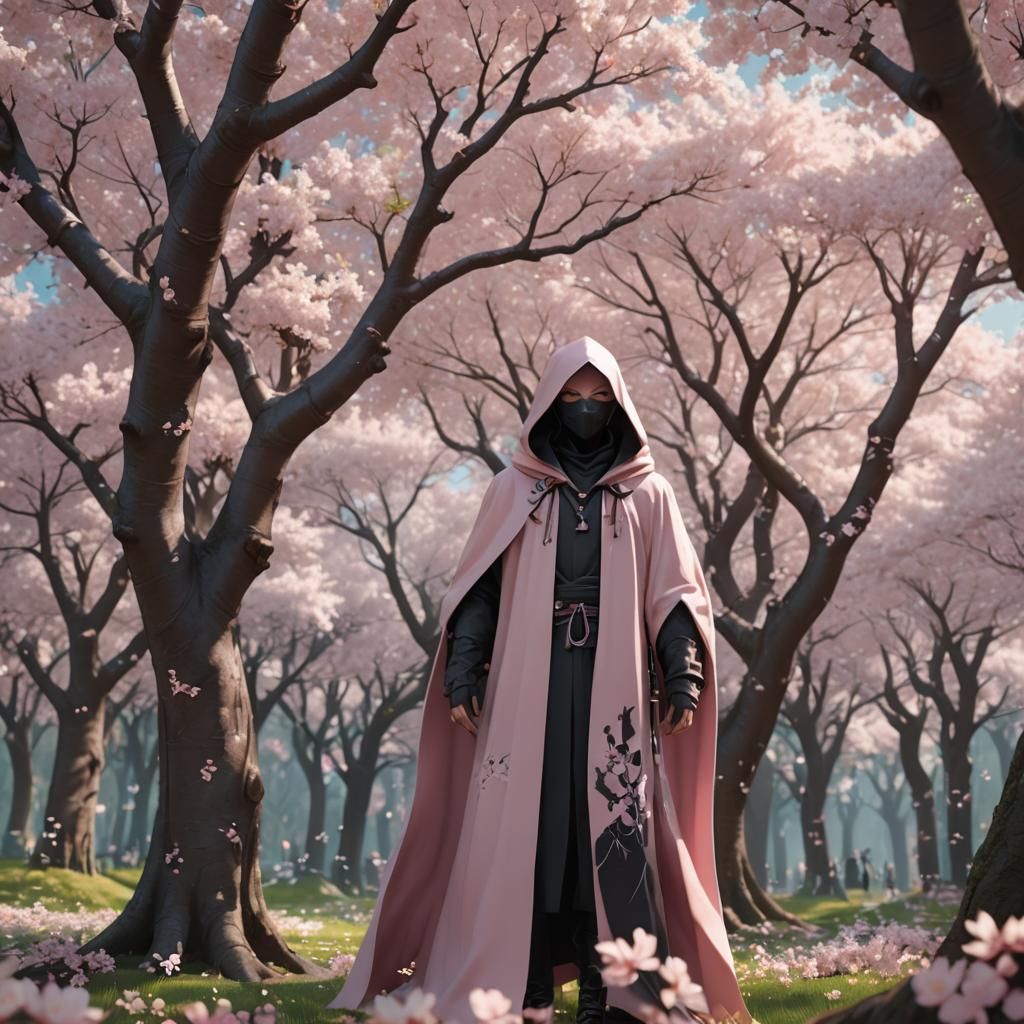 Anime Cloaked Figure in Cherry Blossom Forest