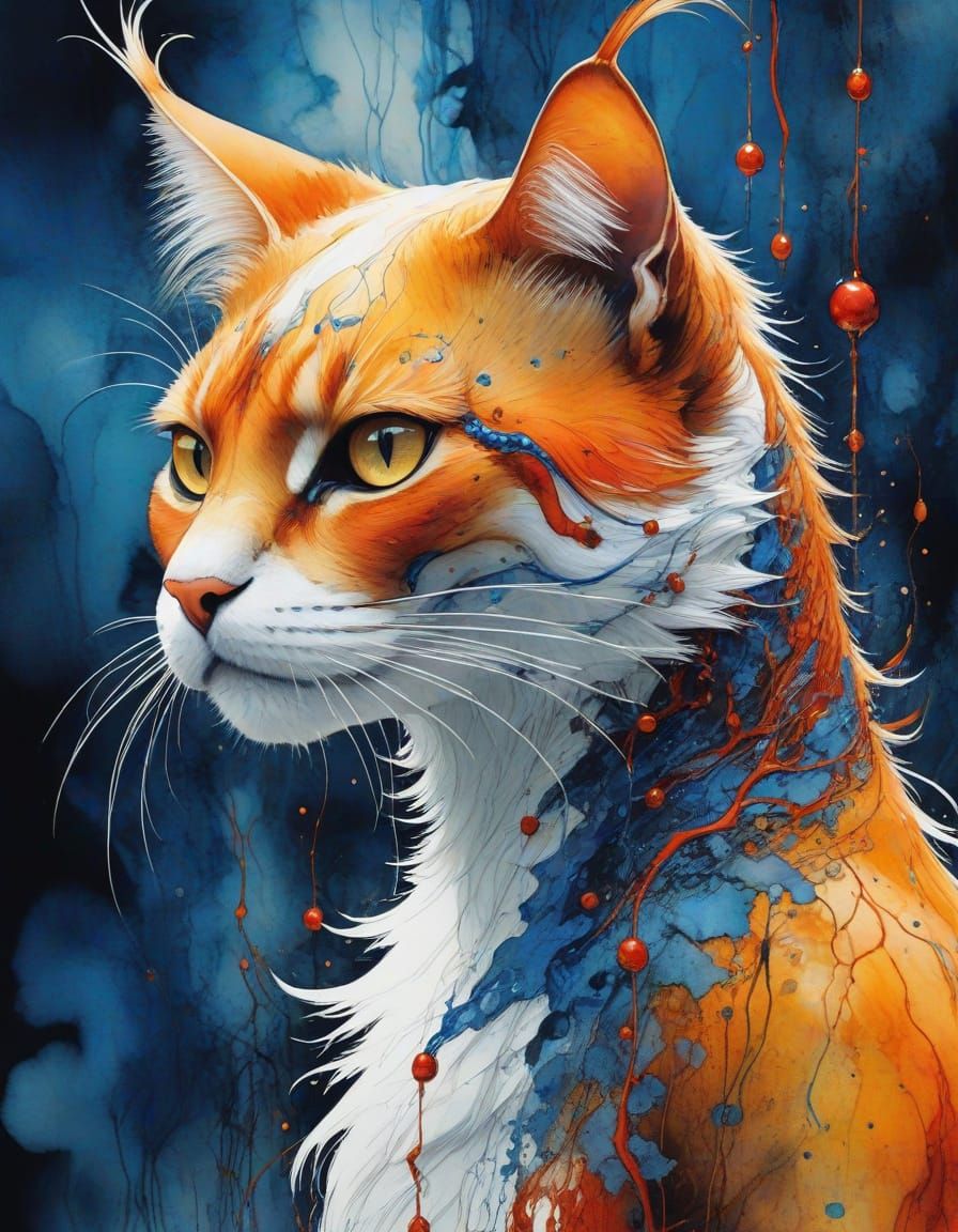 Surreal Cat in Mystical Forest, Abstract Watercolor Style