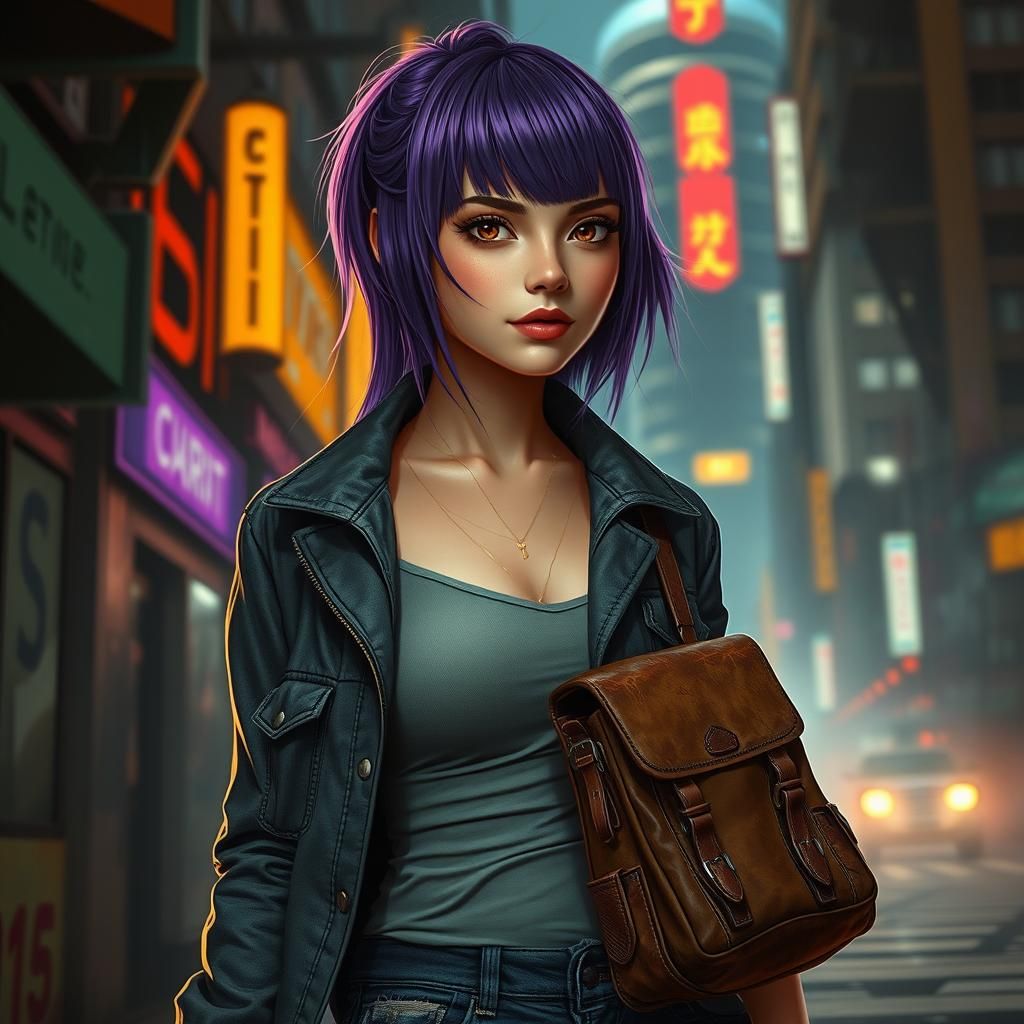 Cyberpunk Woman with Purple Hair in Cityscape