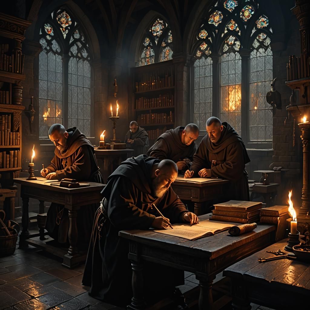 Medieval Scriptorium with Monks in Dark Fantasy Style