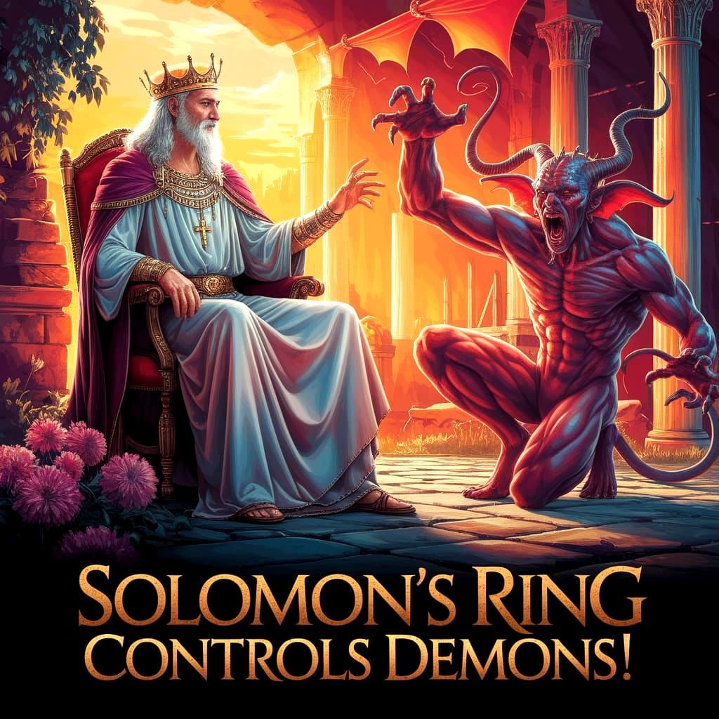 King Solomon Commands Demons with Holy Ring in a Vibrant Fan...