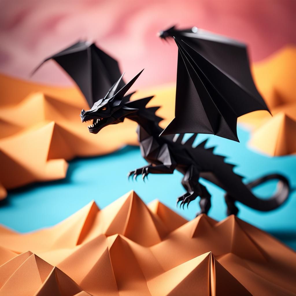 Black Origami Dragon Over Desert Landscape