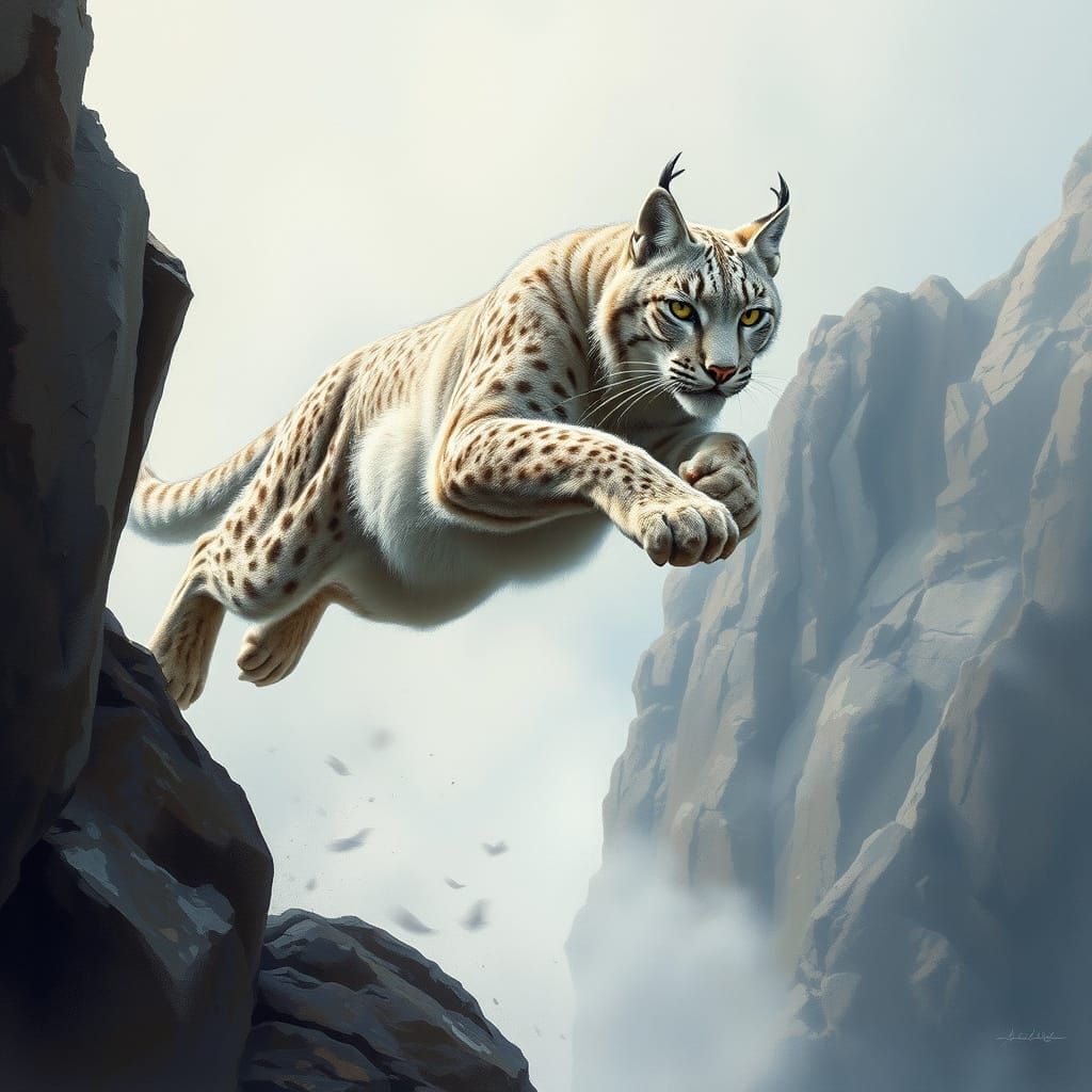 Lynx Leaping Through Mist: Gurney-esque Oil Painting