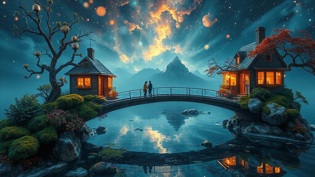 Surreal Lake Scene with Sparkling Glass Bridges and Friendly...