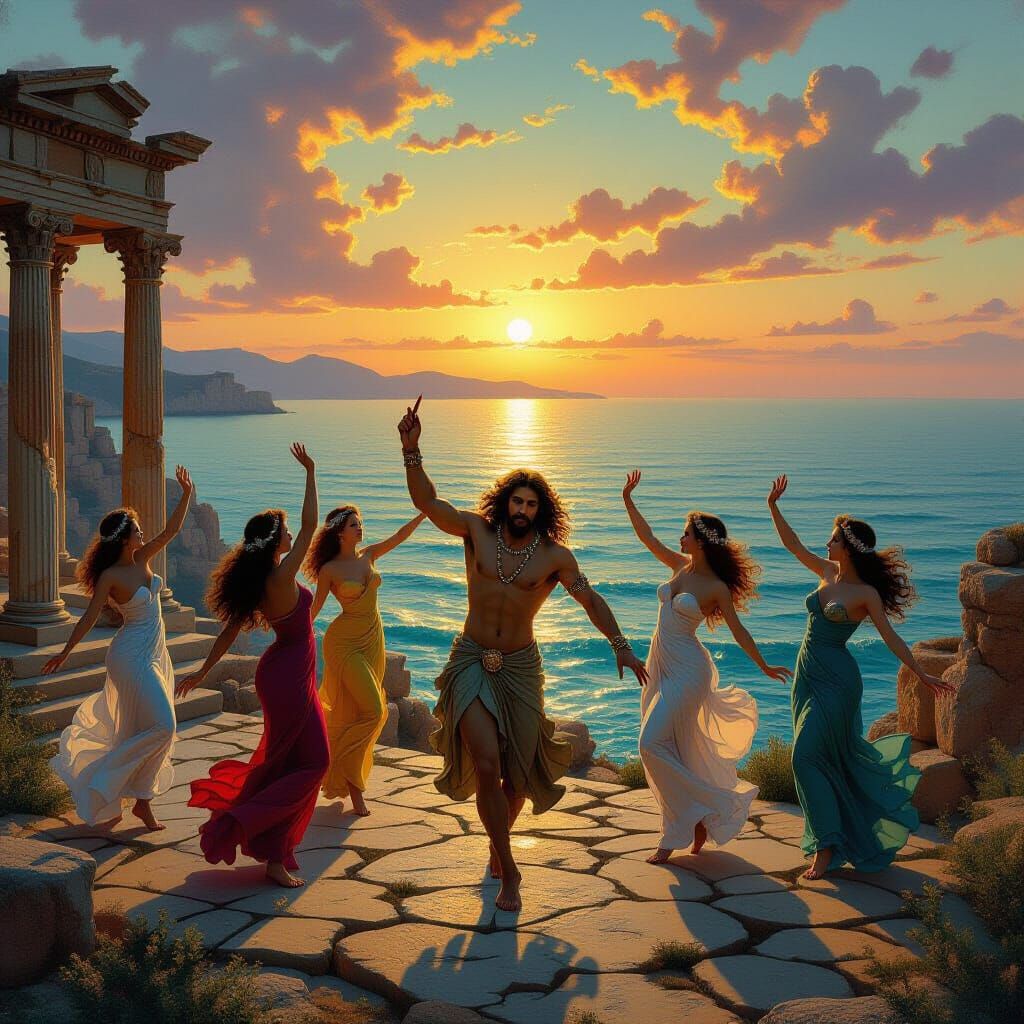 Dionysus Dances with Nymphs Amidst Ruins in Surreal Oil Pain...