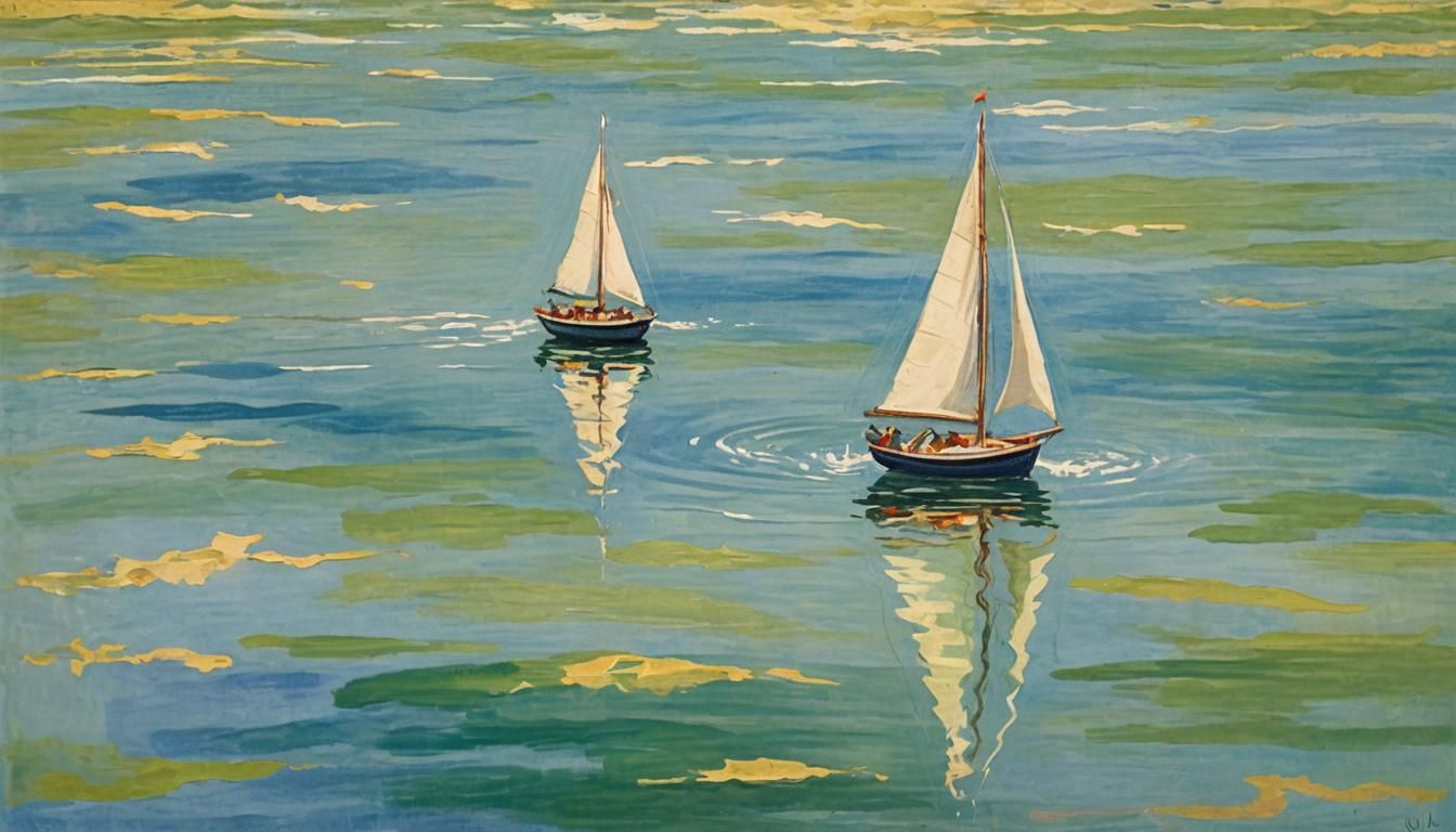 Vintage Sailboat on Lake: Gouache Impressionist Painting