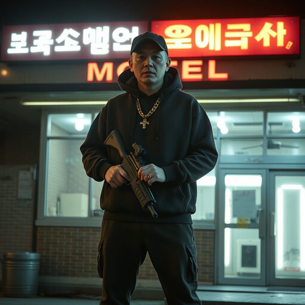 Korean Mobster with Rifle in Cinematic Style