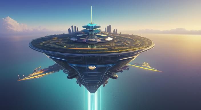 Steampunk Airship Over Tropical Cyberpunk Fortress