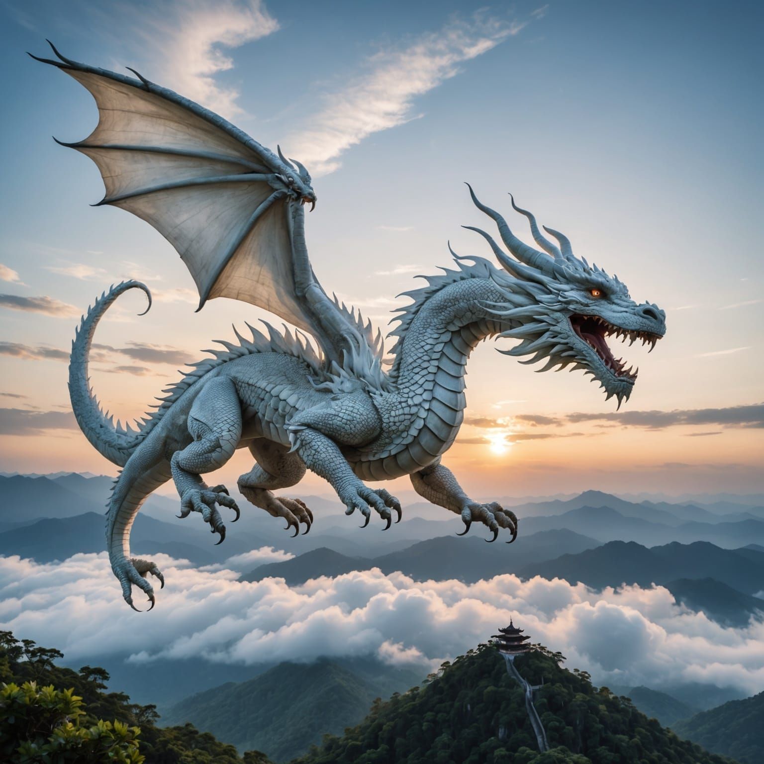 White Asian Dragon Soaring at Dawn