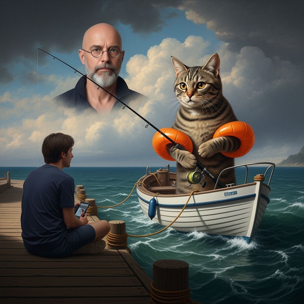 Tabby Cat Fisherman on Boat in Renaissance Style