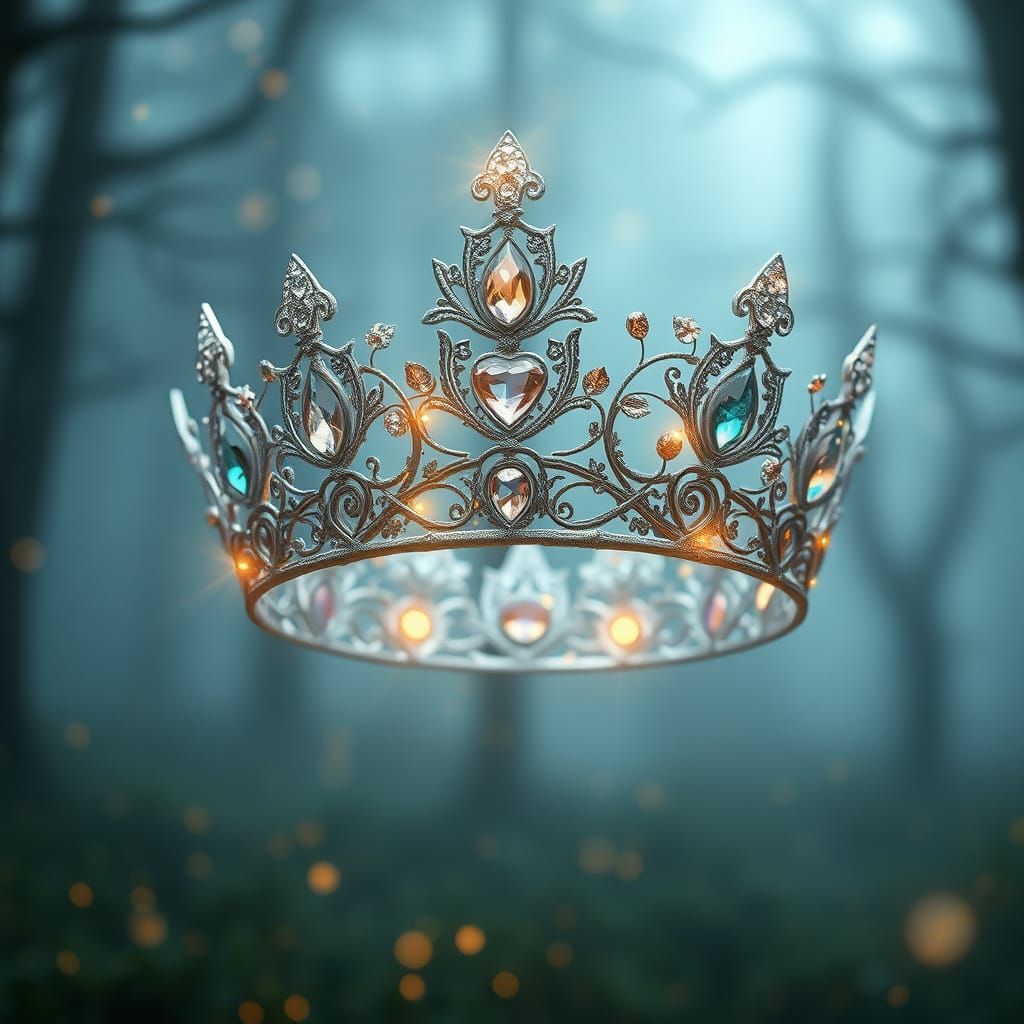 Magical Crown With Gems Floating in Forest Clearing