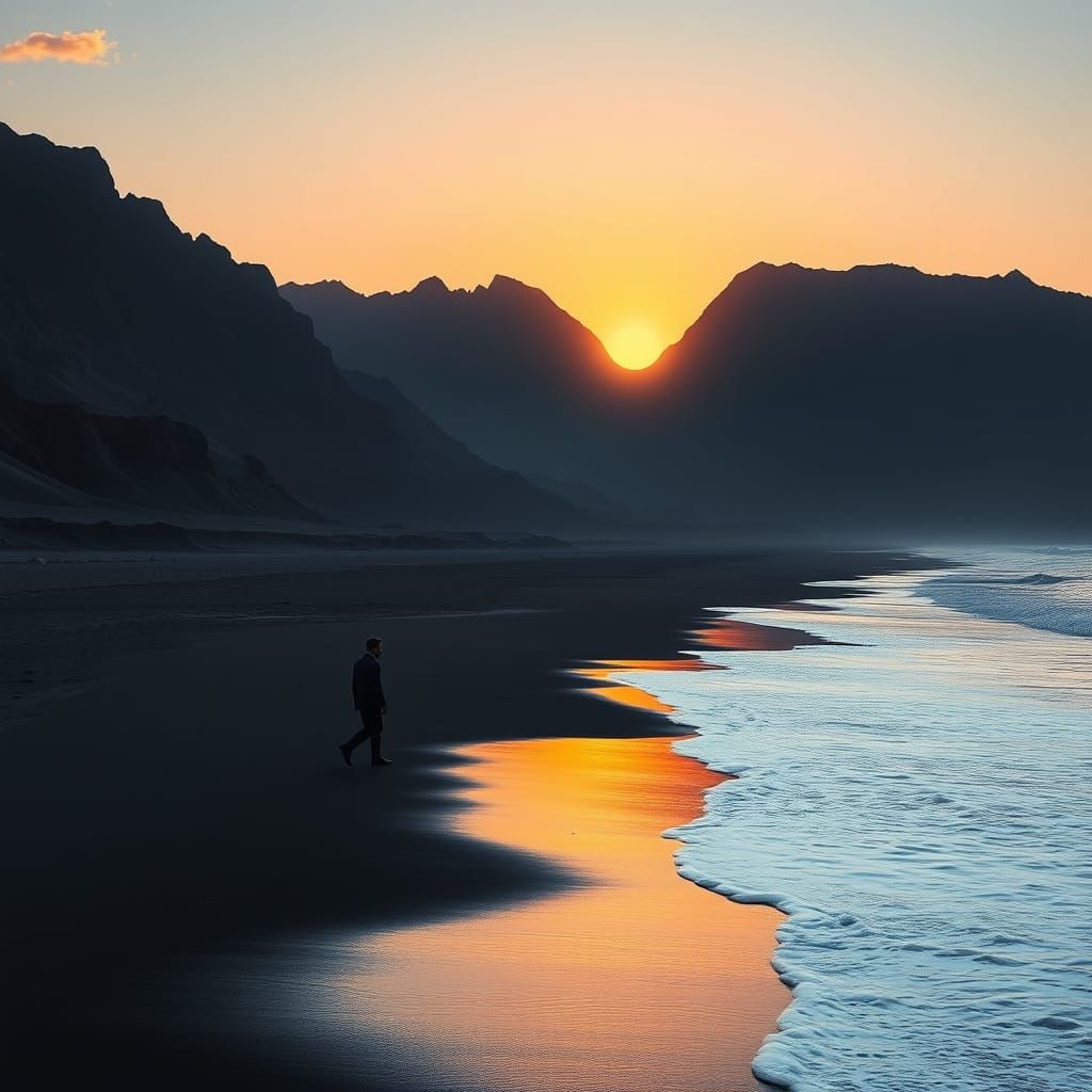 Dramatic Black Sand Beach at Sunset in Cinematic Digital Sty...