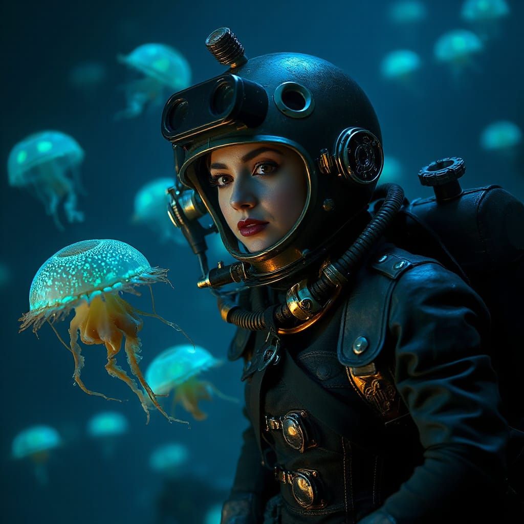 Victorian Diver Exploring Bioluminescent Abyss in Surreal St...