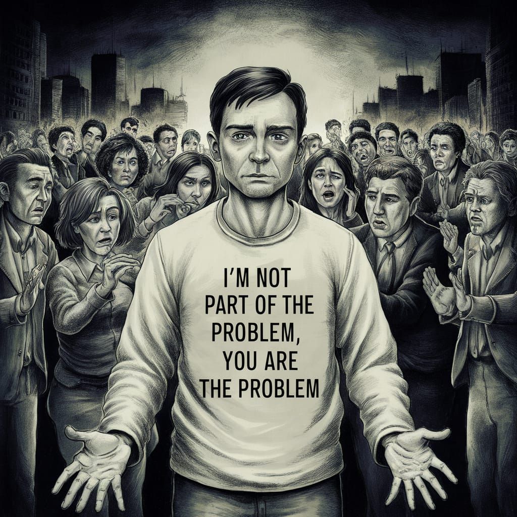 Provocative Image: Man with Statement T-Shirt in Cityscape