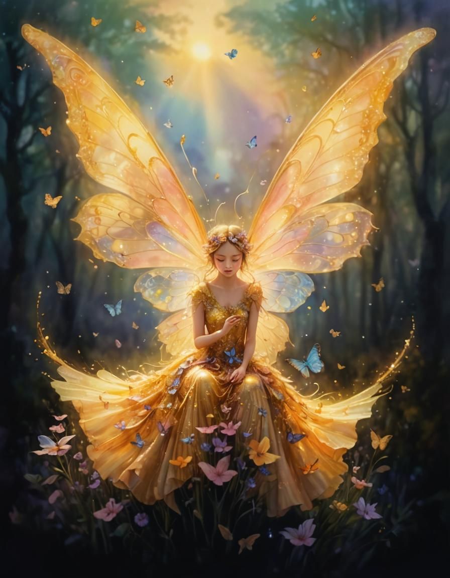 Fairy and Butterflies in Watercolor Fantasy Meadow