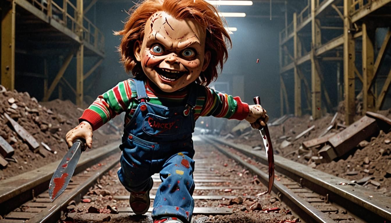 Chucky Leaps Over Conveyor Belt with Bloody Knife