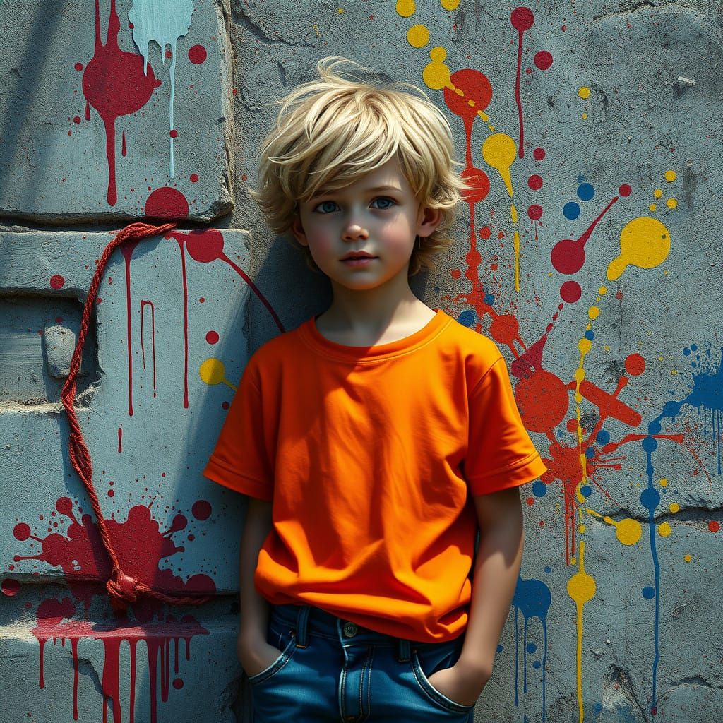 Hyperrealistic European Boy Amidst Vibrant Paint Splatters