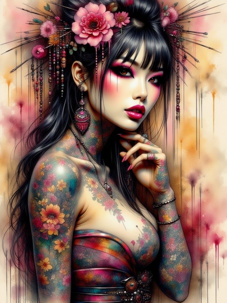 Oriental Woman Portrait in Colored Pencil Sketch Style