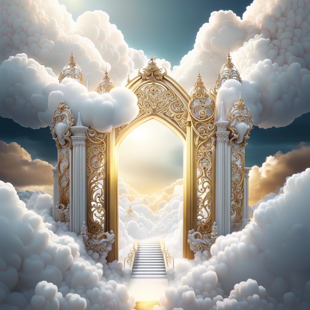 Heavenly Golden Gates and White Pearls Over Clouds
