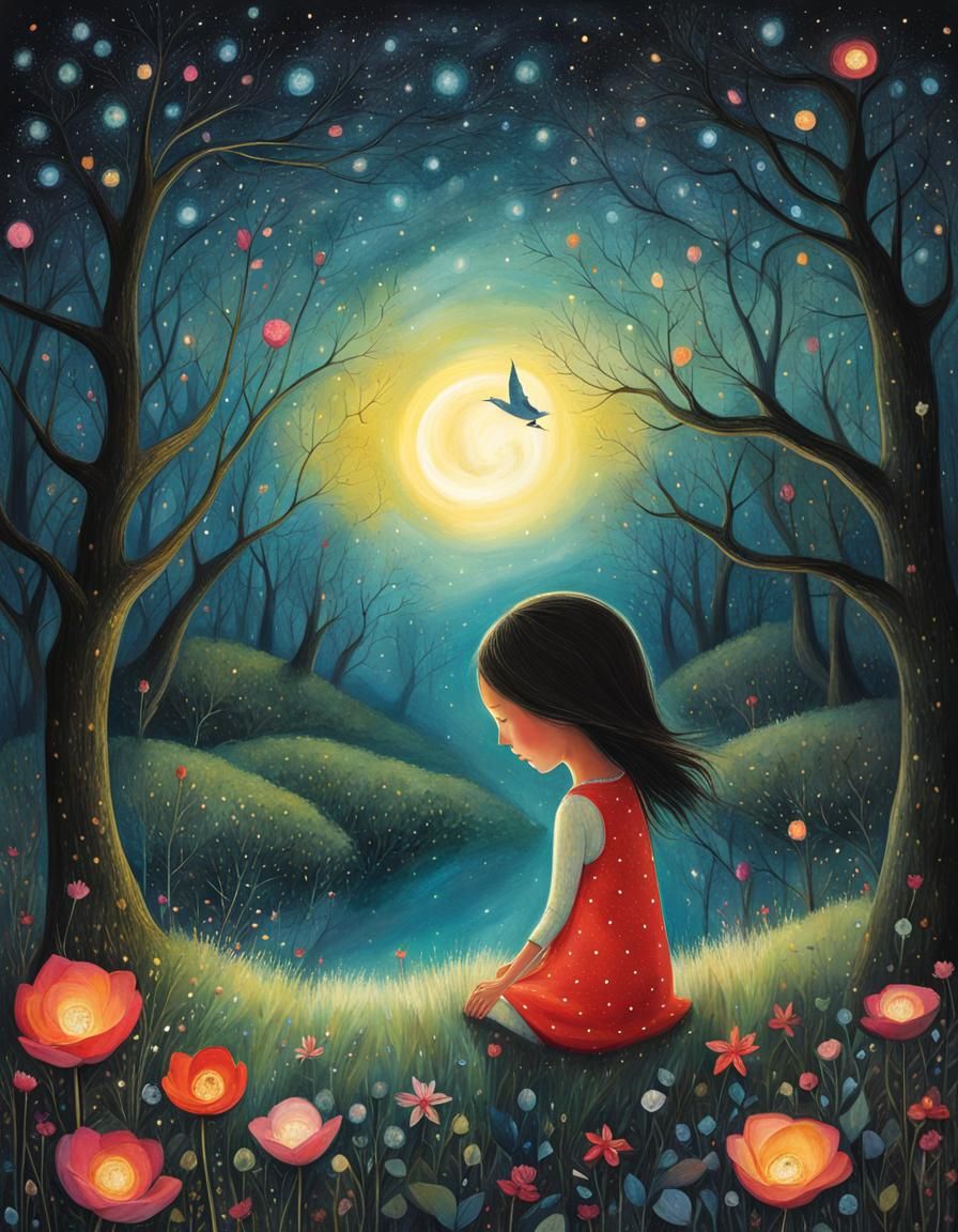 Starlit Night Song: Whimsical Magical Illustration
