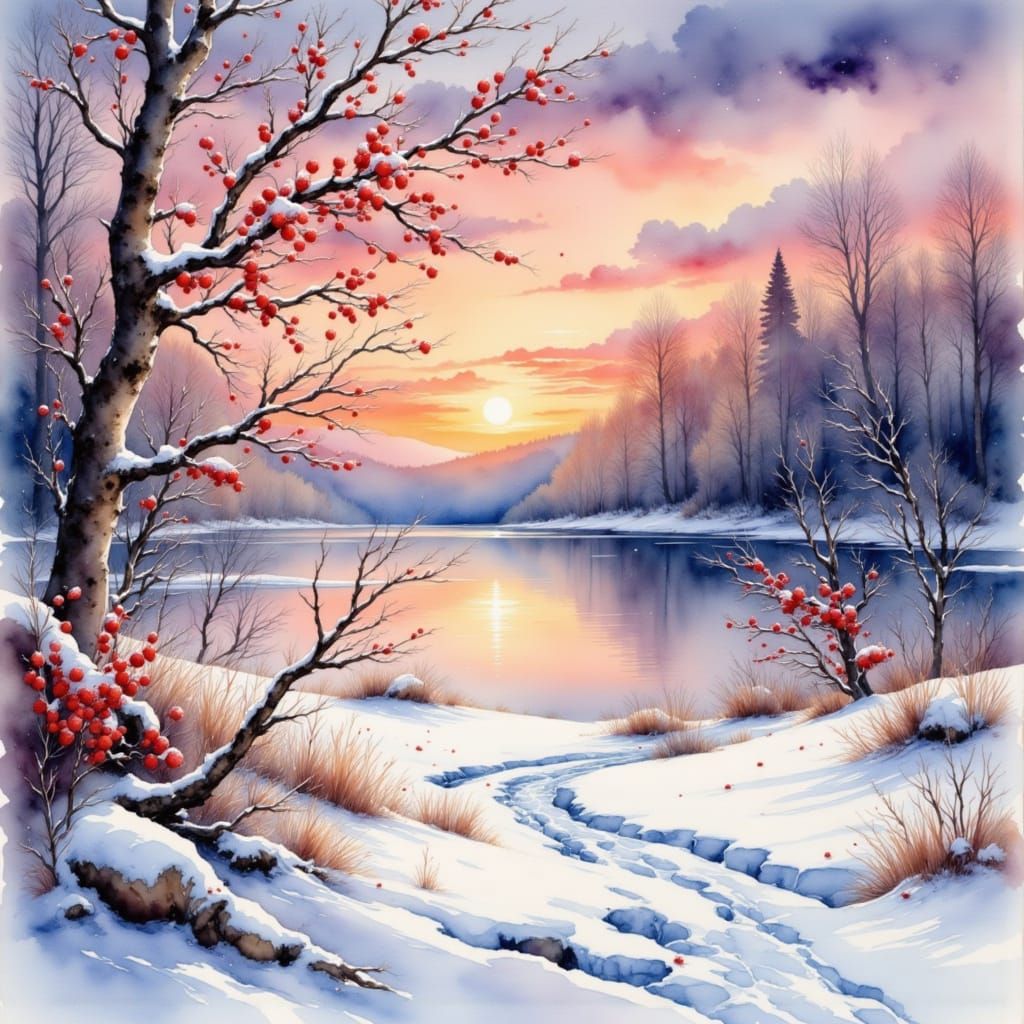 Winter Rowan Berries at Sunset in Watercolor Style