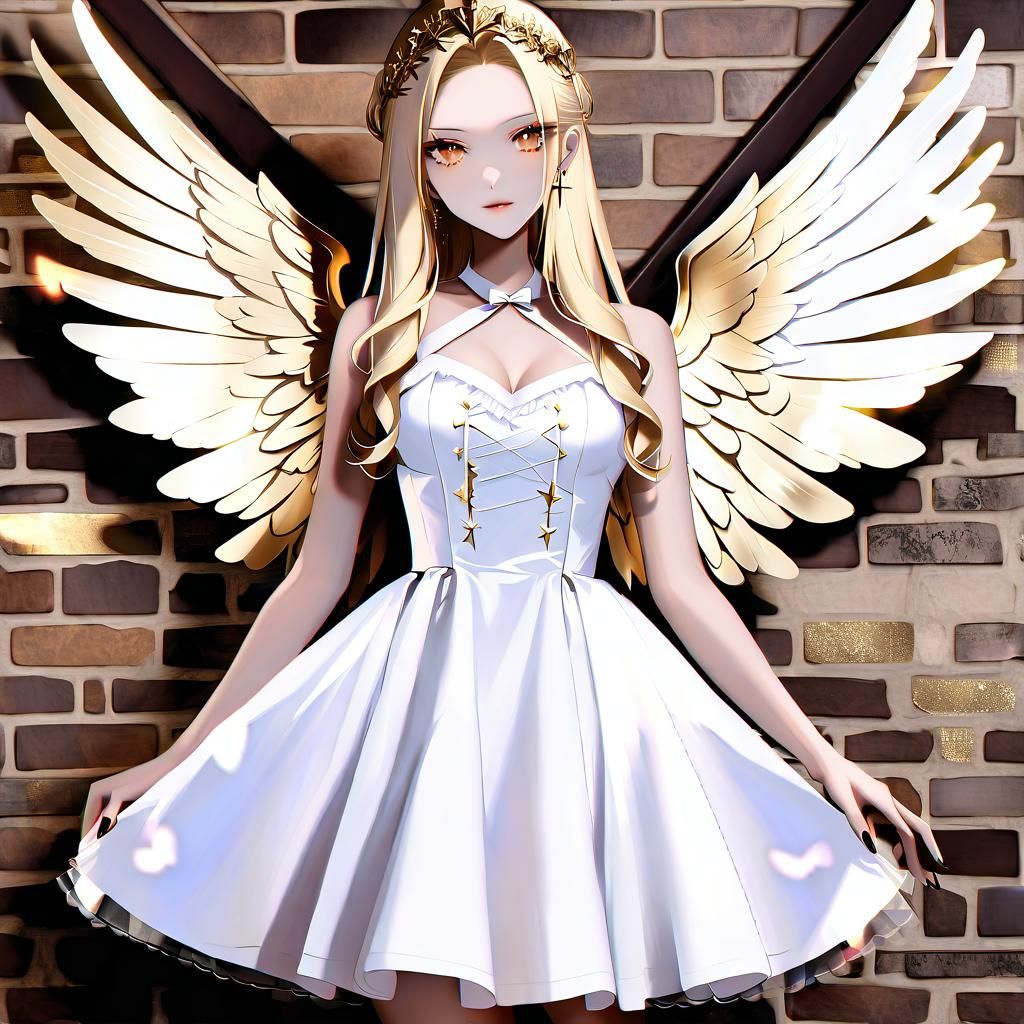 Angelic Woman in Gothic Dress with Halo and Wings