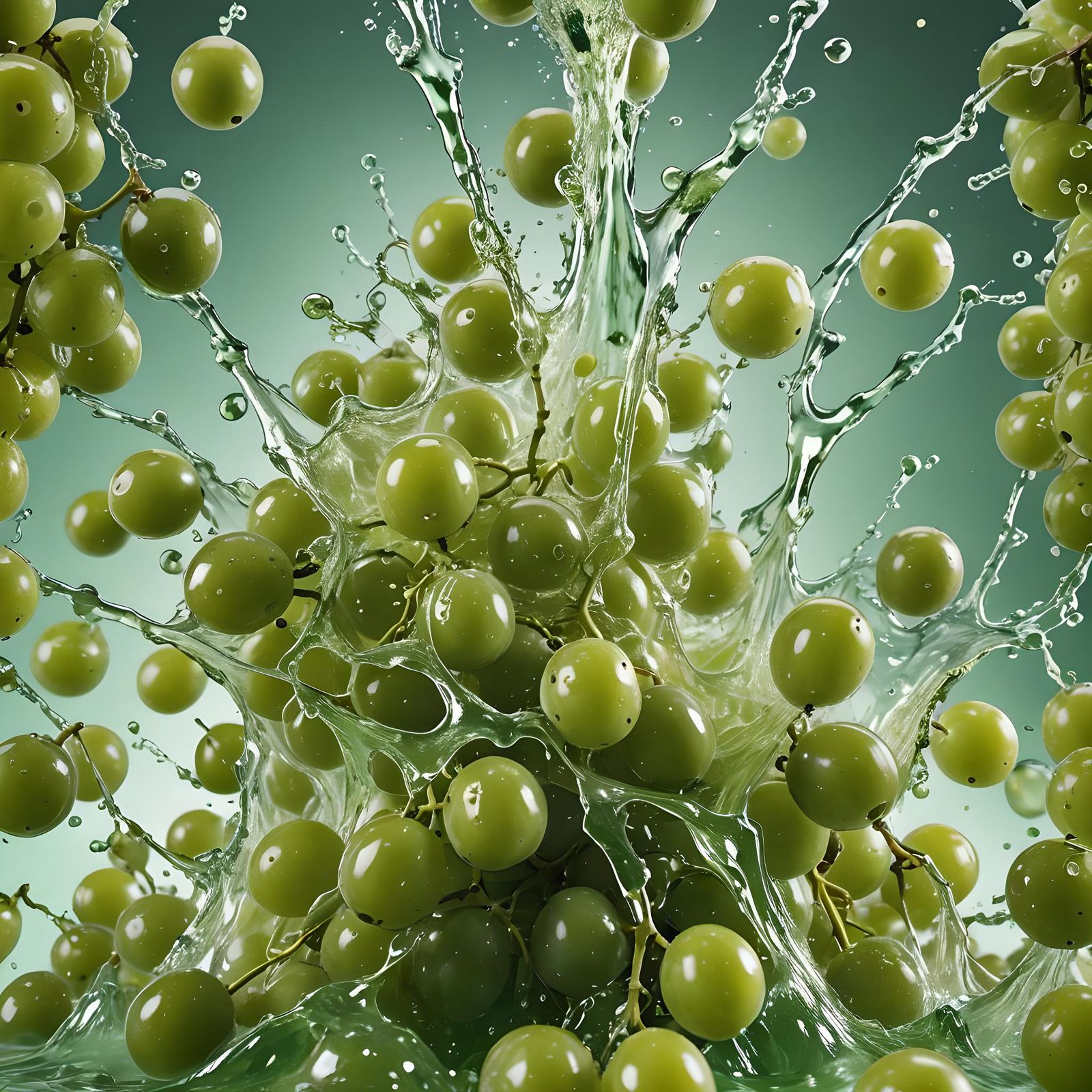 Exploding Green Grapes in Commercial Photography Style