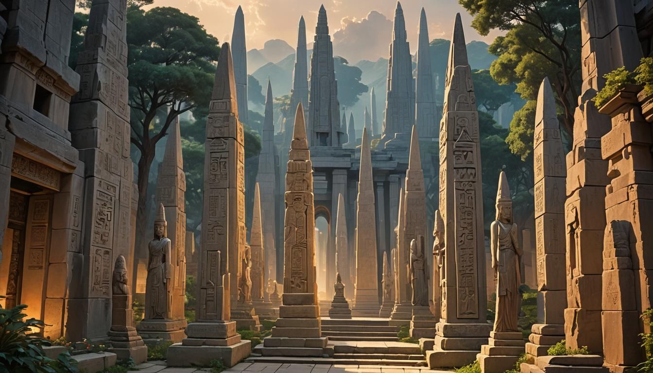 Cosmic Temple Portal with Obelisks and Humanoid Guides