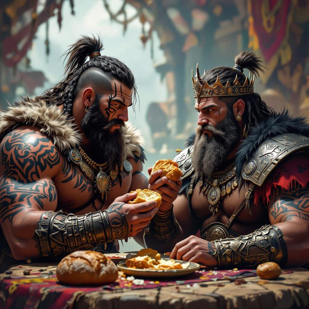 Barbarian and King Share Meal in Epic Fantasy Art