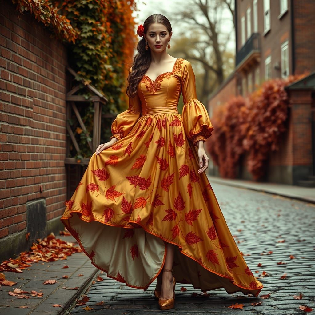 Woman wearing a high low autumn leaves skirt, golden top wit...