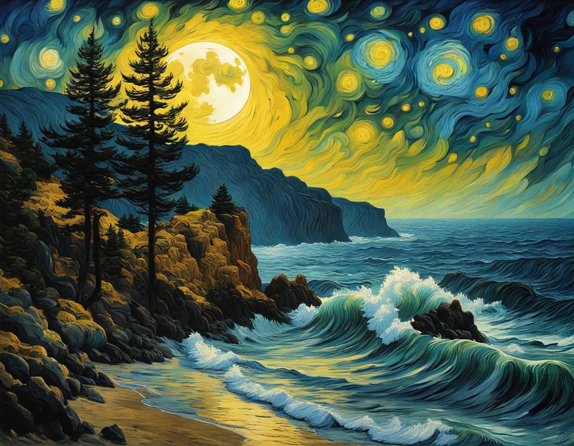 Starry Night Gothic Seascape in Post-Impressionist Style