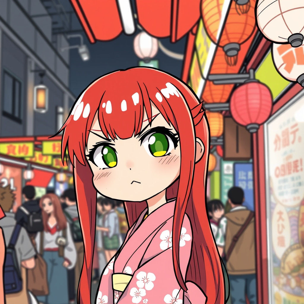 Japanese Woman Reaching in Crowded Market: Manga Style