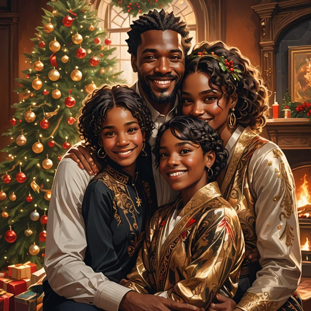 Elegant Black Family by Christmas Fireplace in Cinematic Con...
