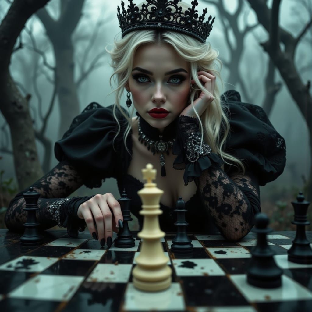 Gothic Chess Queen in Dramatic Cinematic Scene
