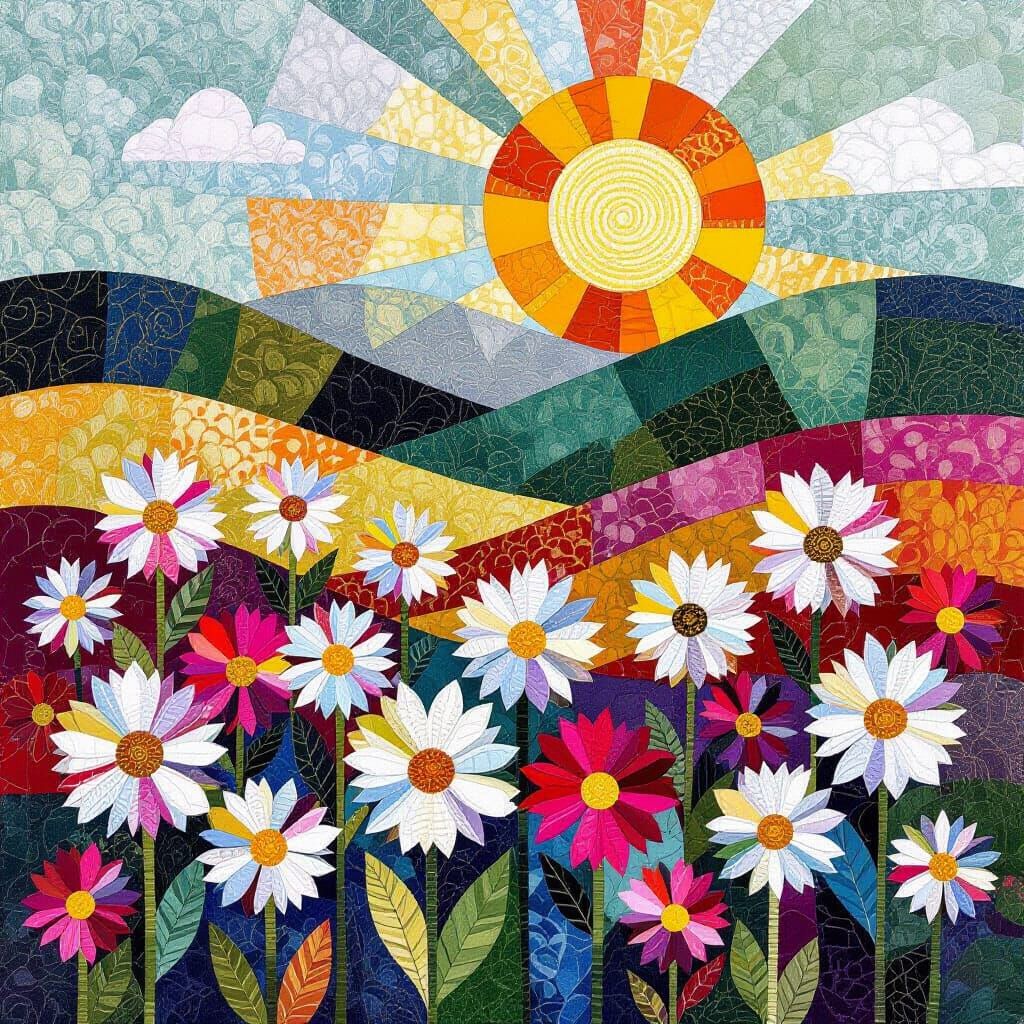 Vibrant Quilt Scape with Shasta Daisies in Textile Art Style