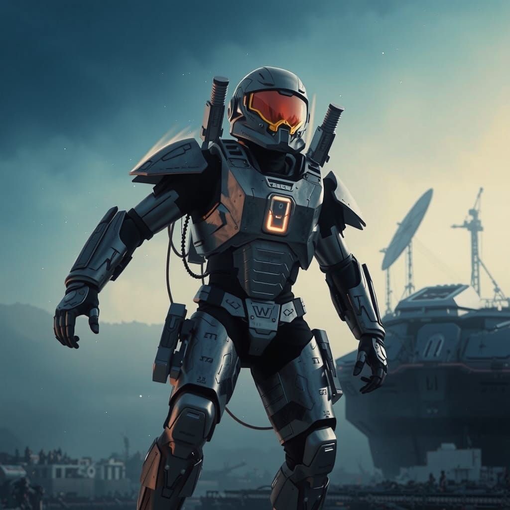 Futuristic Soldier Soaring Over Dystopian City in Film Style