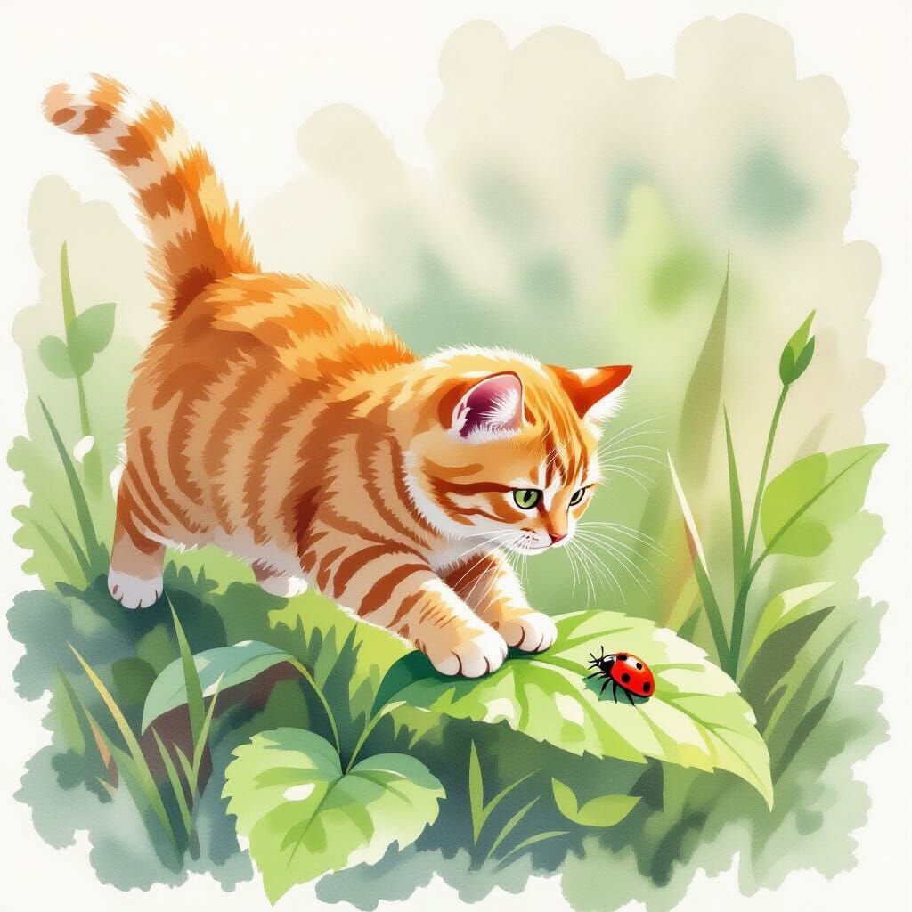 Ginger Cat Pounces on Ladybug in Watercolor Style