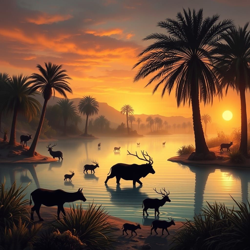 Serene Desert Oasis at Dusk in a Dreamlike, Surreal Landscap...