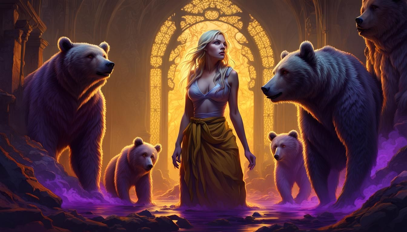 Blonde Woman and Bears in Dark Fantasy Style
