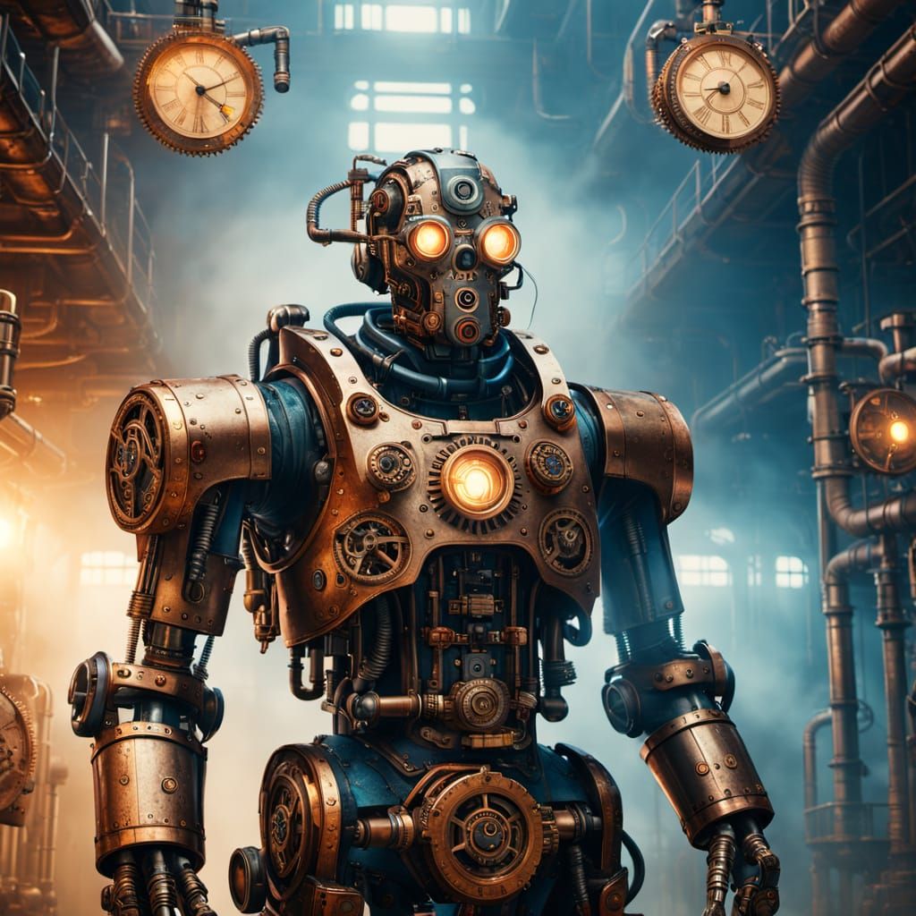 Steampunk Cyborg in Misty Industrial Factory
