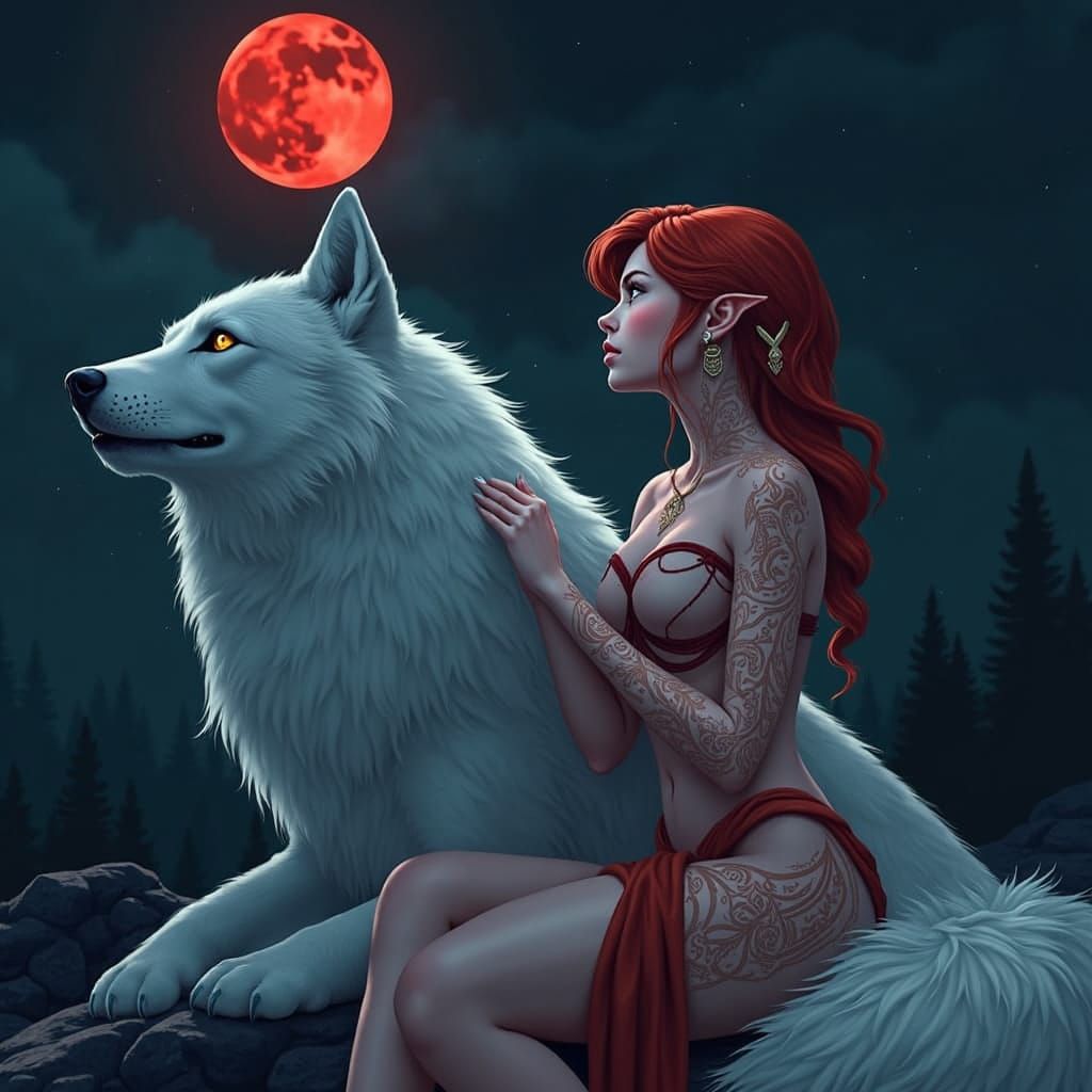 Ethereal Moonlit Scene with Elven Woman and White Wolf