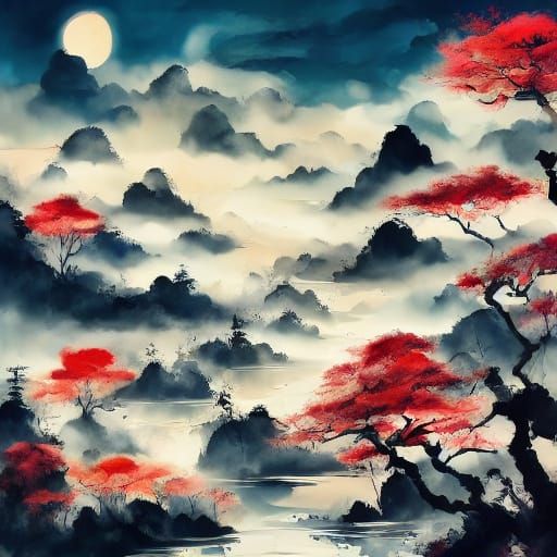 Dreamlike Chinese Landscape in Soft Pastel Light