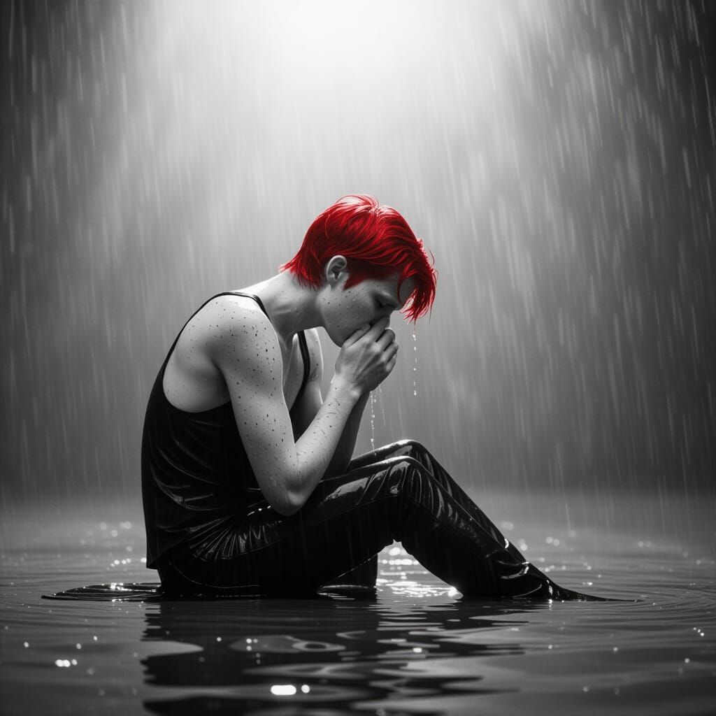 Monochrome Portrait of Albino Person in Rain