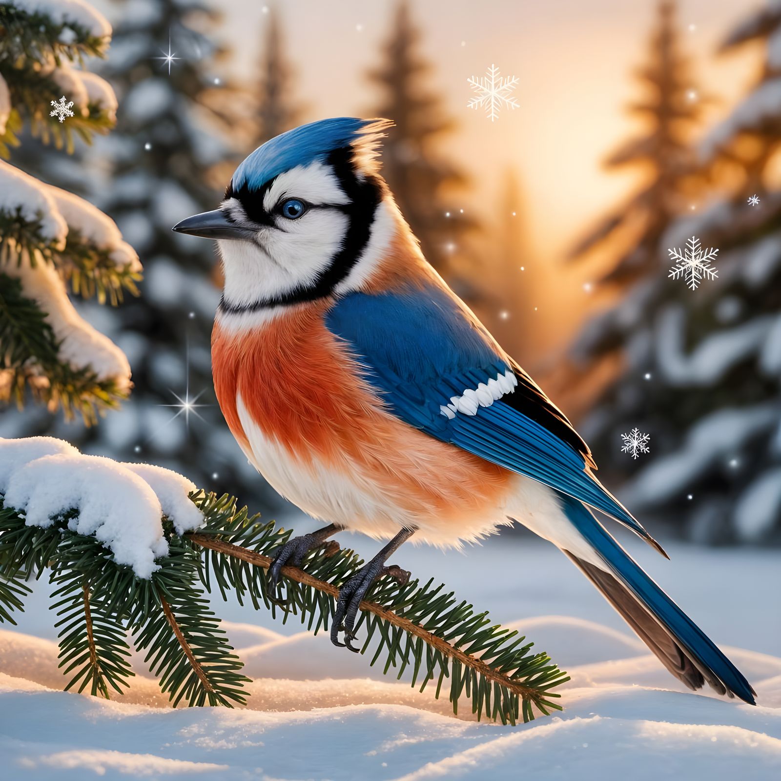 Blue Jay on Snowy Branch in Golden Hour Fantasy Art