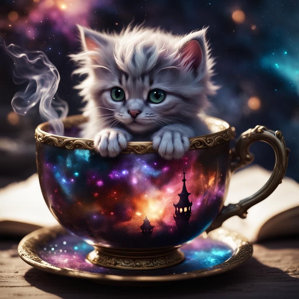 Mini Kitten in Galaxy Teacup: Hyperrealistic Concept Art